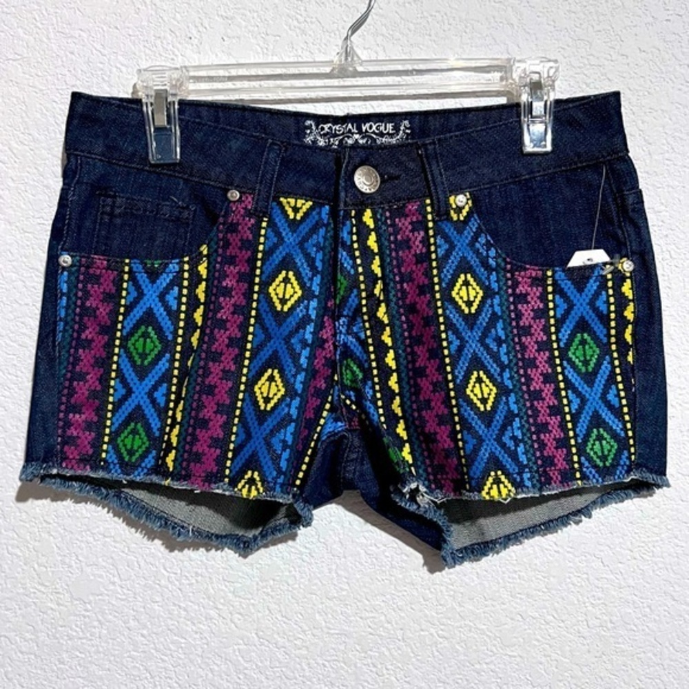 Crystal Vogue Tribal Print Frayed Hem Mid Rise Jean Shorts New Size 11